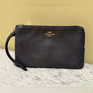 Coach Double Zip Wristlet in Black Pebble Leather